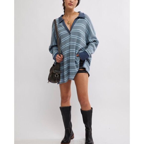 FREE PEOPLE We The Free Striped Travis Polo / Heather Grey Combo - Picture 5 of 6